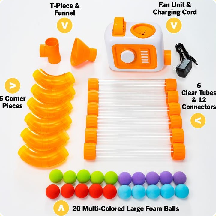 Everything in the box: fan unit, charging cord, T-piece, funnel, 6 corners, 6 tubes, 12 connectors and 20 foam balls